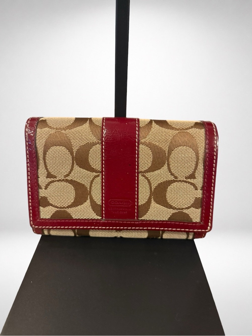 COACH Signature Canvas Leather Trifold Wallet Red Khaki Logo Wallet Y2K Vintage